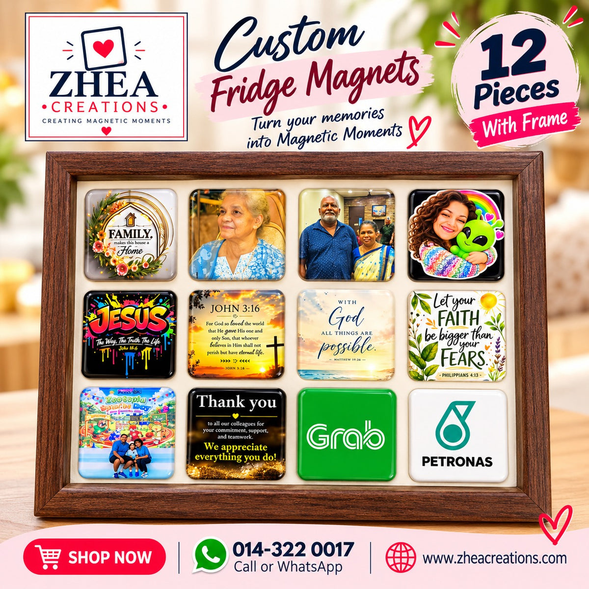 ZHEA Creations custom photo fridge magnets, 12 pieces with frame