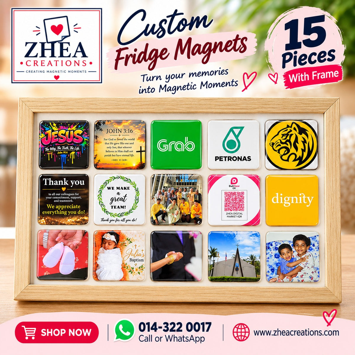 ZHEA Creations custom photo fridge magnets, 15 pieces with frame