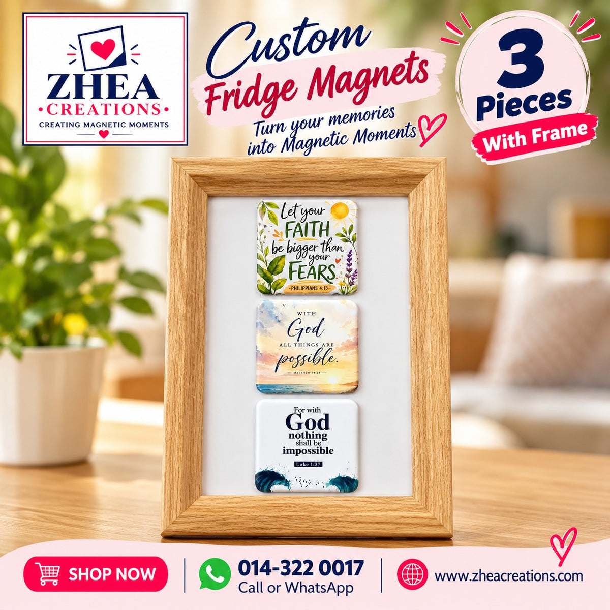 ZHEA Creations custom photo fridge magnets, 3 pieces with frame