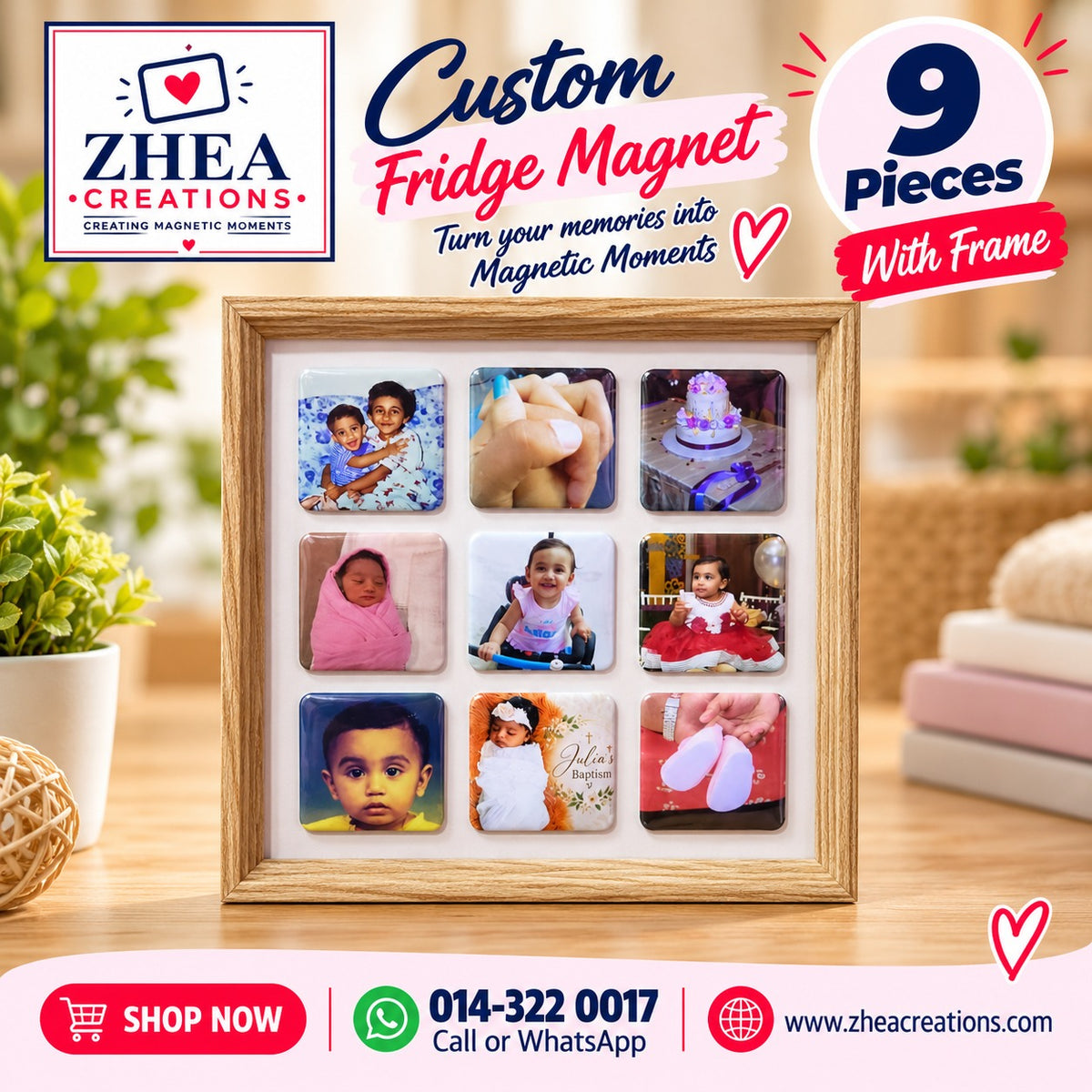 ZHEA Creations custom photo fridge magnets, 9 pieces with frame