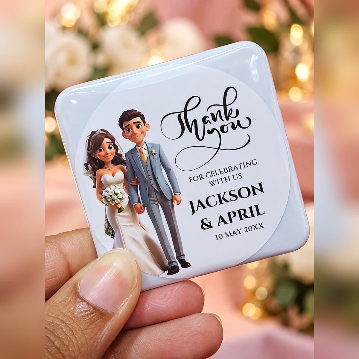 Wedding door gift fridge magnet with bride and groom, thank you message, names and date